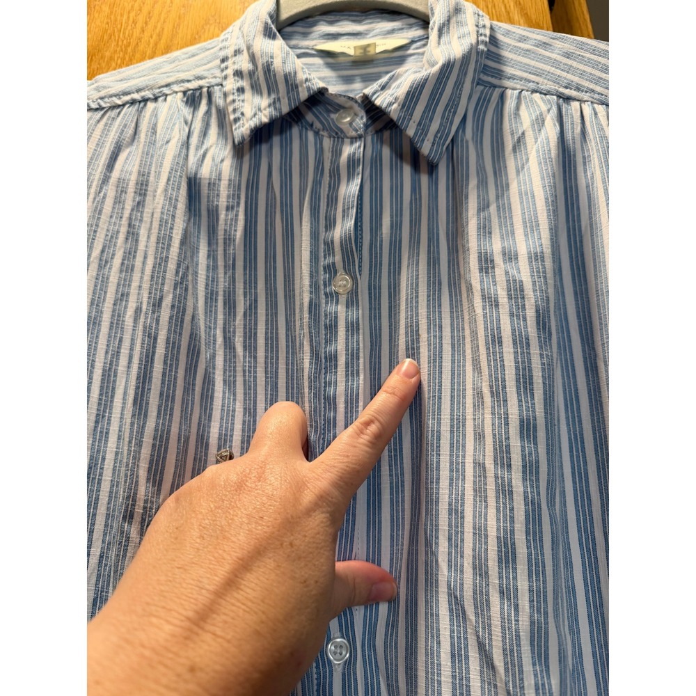 Max Studio Blue White Striped Midi Shirt Dress Short Sleeve Tiered Hem - Picture 4 of 6